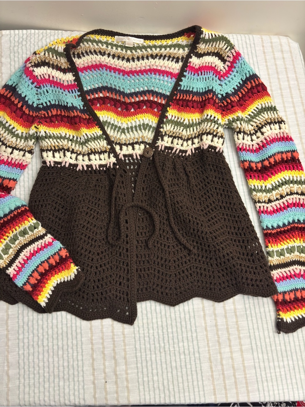 Boston Proper Multicolor Striped Crochet Cardigan with Brown Bodice